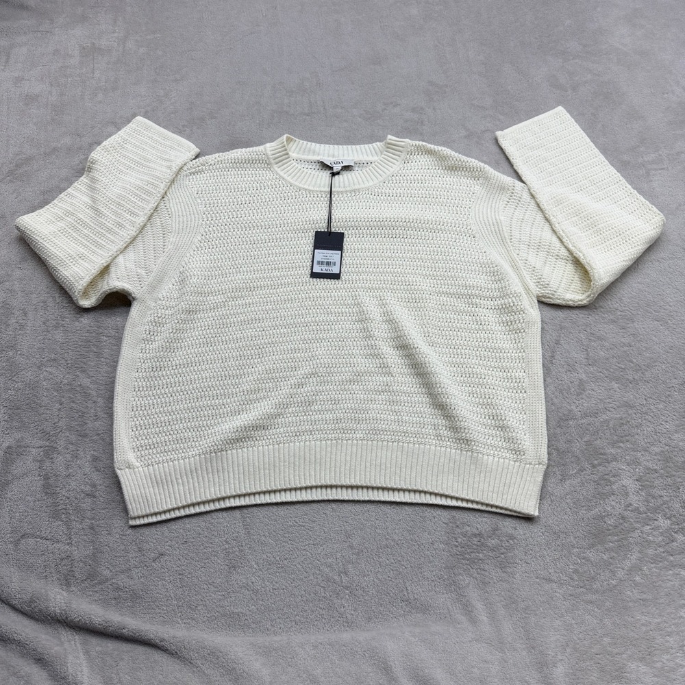 KADA The Open Knit Long Sleeve Sweater Women XL Salt White CrewNeck Coastal Chic